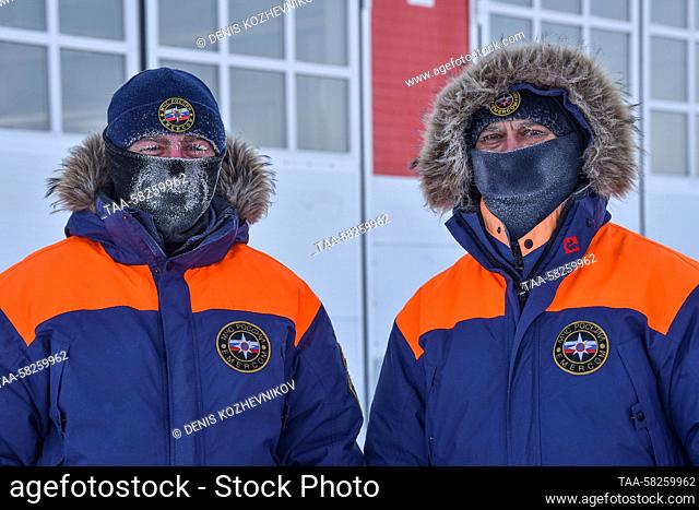 RUSSIA, KRASNOYARSK REGION - APRIL 6, 2023: Rescuers gather at an airport in Norilsk for the Safe Arctic exercise held by the Russian Emergency Situations...