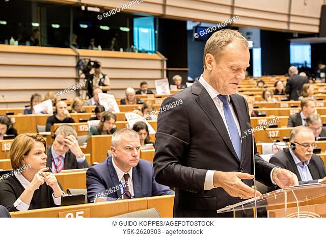 European Parliament, Brussels, Belgium. The President of the European counsil, Mr. Donald Tusk, pronouncing a statement before the European Parliamant
