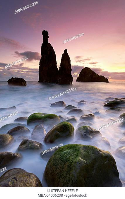 Portugal, Madeira, Ribeira da Janela, rocks, morning, atmosphere, sea, surf, coast, stones, colour, scenery, weird, mystical, light