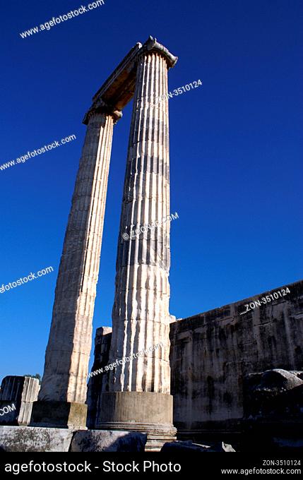 Two columns on ruins of Apollo temple in Didim, Turkey