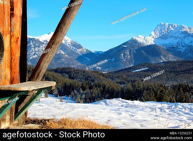 Winter hike near Mittenwald, near Elmau, Klais, Europe, Germany, Bavaria, Upper Bavaria, Werdenfels, winter, winter hike, bench invites you to linger