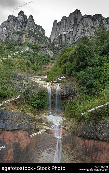 Ravines plenty of water on the north face of Montserrat after heavy rains (Barcelona, Catalonia, Spain)