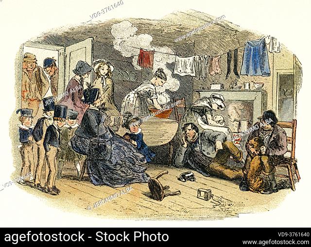 A visit to the brickmakerâ. . s. Scene from Bleak House by Charles Dickens (London, 1852-1853) Satire novel on the iniquities of the Court of Chancery