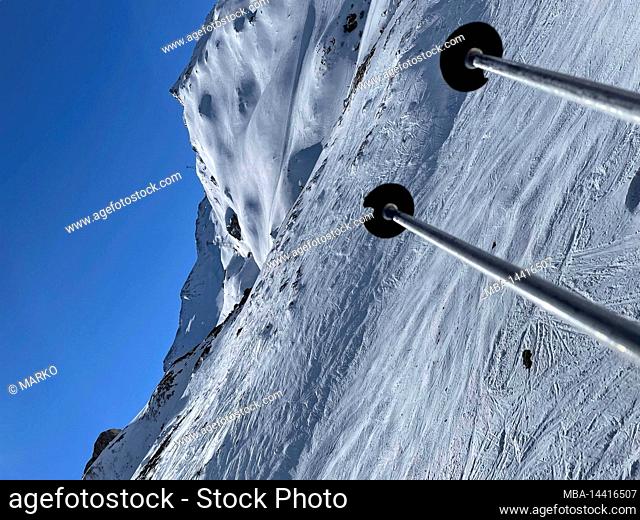 Ski area Silvretta Ski Arena Ischgl/Samnaun, view to Piz Val Gronda, ski poles, snowy mountains, Samnaun, winter, nature, mountains, blue sky, Paznaun valley