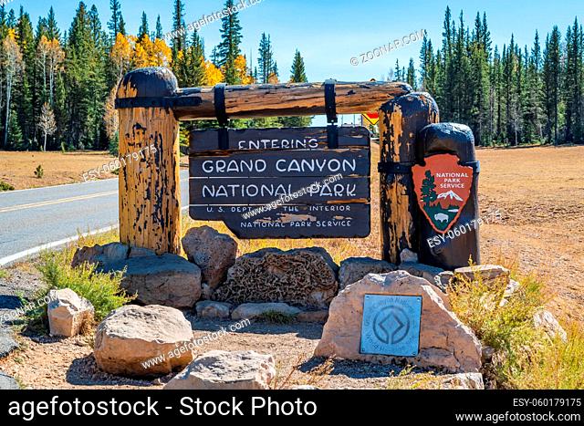 Grand Canyon NP, AZ, USA - Oct 2, 2020: A welcoming signboard at the entry point of the preserve park