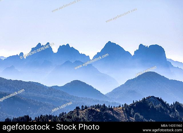 Europe, Italy, Veneto, province of Belluno, view of Bosconero mountain range with Sforniòi on the left and Sasso di Bosconero on the right side