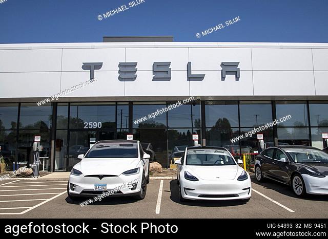Maplewood, Minnesota. Tesla car dealership. Tesla, Inc. is an American electric vehicle and clean energy company