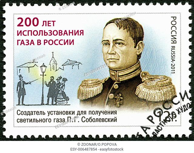 RUSSIA - 2011: shows P.G. Sobolevsky (1781-1841), The 200 anniversary of use of gas in Russia