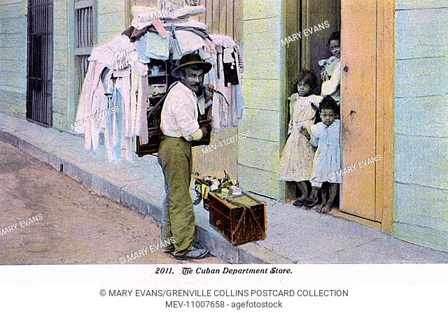 A mobile One-man Department Store arrives on a housewife's doorstep - Havana, Cuba