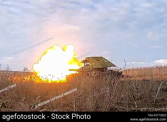 DECEMBER 14, 2023: A T-72B3 tank of Russia's Western Military District fires on the Kupyansk front of the special military operation