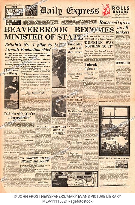 1941 front page Daily Express Lord Beaverbrook appointed Minister of State