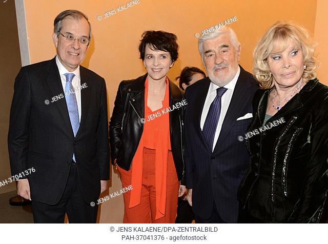 French ambassador Maurice Gourdault-Montagne (L-R), French actress Juliette Binoche, German actor Mario Adorf and his wife Monique attend the reception ""Soiree...