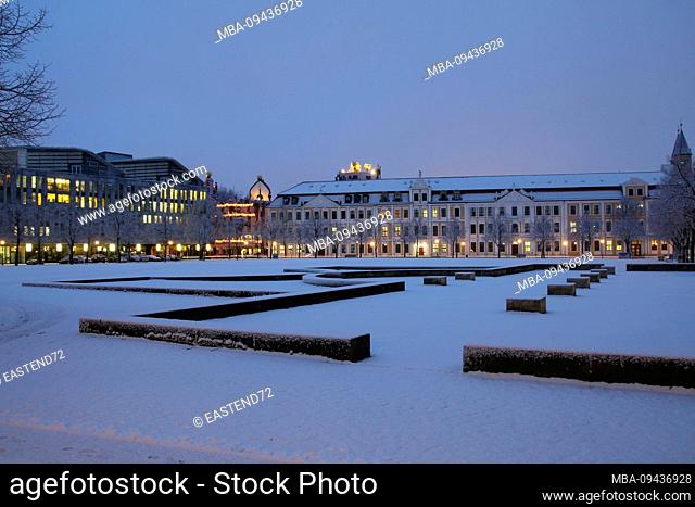 Germany, Saxony-Anhalt, Magdeburg, Domplatz in the snow, Landesbank Nord LB, Hundertwasserhaus Green Citadel, Landtag of Saxony-Anhalt