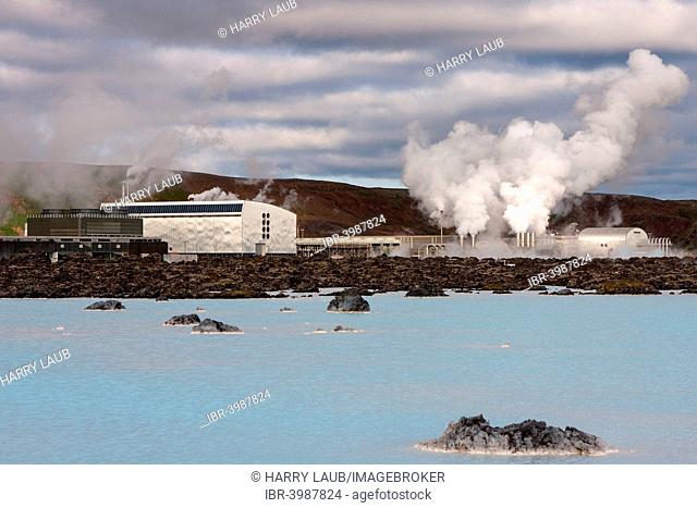 Blue Lagoon near Grindavik with the Svartsengi geothermal power plant, Iceland
