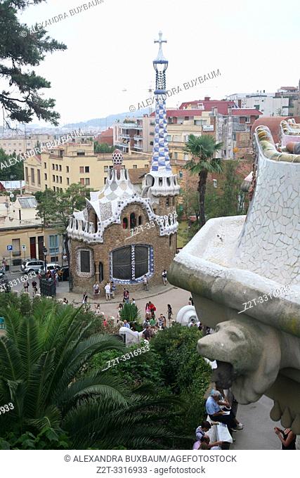 Terrace view and gate house at Park Guell, Barcelona, Spain