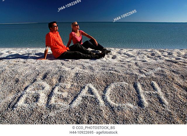 Shell Beach, L'Haridon Bight, western Australia, west coast, coast, Australia, mussels, cockles, beach, seashore, sea, bay, Peron peninsula, sunrise, writing