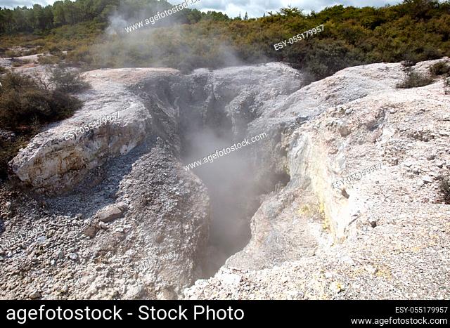 'Sulphur Cave' collapsed crater at Wai-O-Tapu Geothermal Wonderland near Rotorua in New Zealand