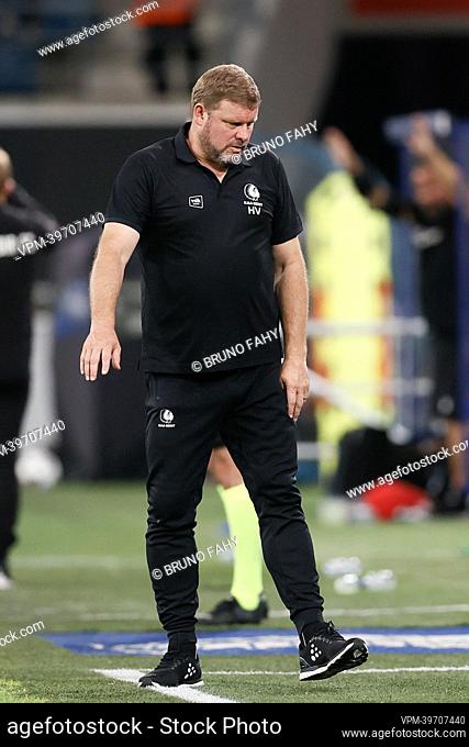 Gent's head coach Hein Vanhaezebrouck looks dejected after the match between Cypriot soccer club Omonia Nicosia and Belgian team KAA Gent