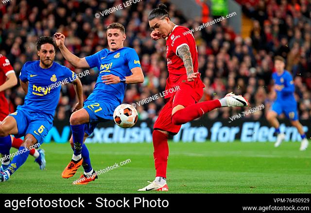 Union's Alessio Castro-Montes and Liverpool's Darwin Nunez fight for the ball during a match between Belgian soccer team Royale Union Saint Gilloise and English...