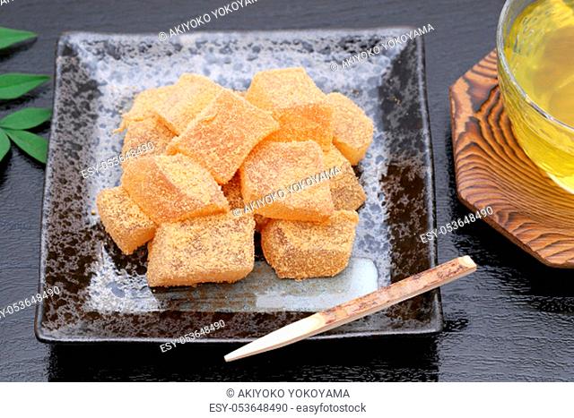 Japanese confectionery, Warabi mochi traditional sweets on black background