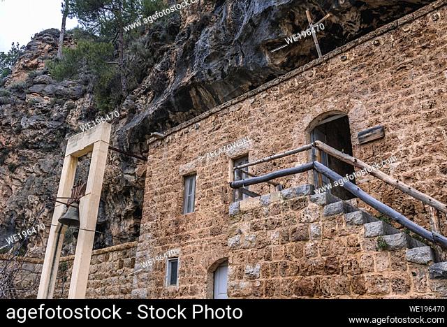 Building and bell of Our Lady of Qannoubine Monastery in Kadisha Valley also called Holy Valley in North Governorate of Lebanon