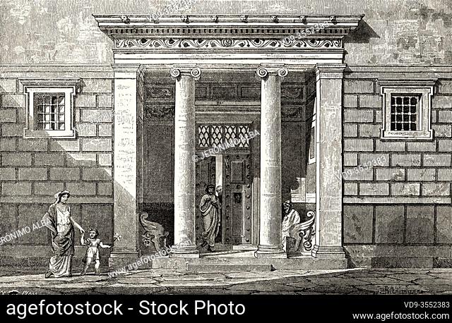 Entrance door house in the city of Athens. Ancient Greece. Old 19th century engraved illustration, El Mundo Ilustrado 1880