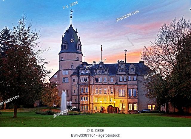 illuminated Princely Residence Castle Detmold at sunset, Germany, North Rhine-Westphalia, East Westphalia, Detmold