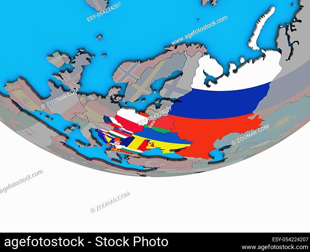 Eastern Europe with embedded national flags on simple political 3D globe. 3D illustration