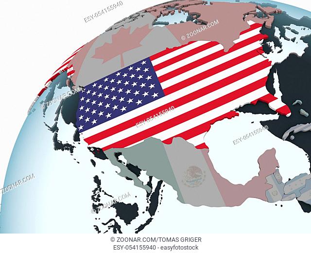 USA on political globe with embedded flag. 3D illustration