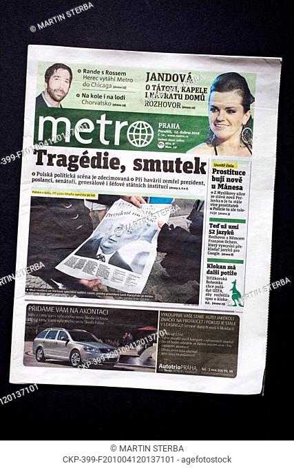 Frontpage of the Prague newspaper Metro on April 12, 2010 / Strona tytulowa dziennika Metro z 12 kwietnia 2010 CTK Photo/Martin Sterba