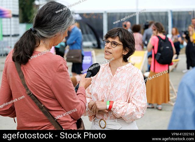Energy minister Tinne Van der Straeten talks to the press during a press moment during the 'Zomerweekend' (summer weekend) event of Dutch-speaking ecologist...