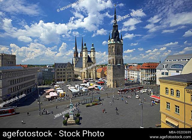 Market with St. Marien market church, hand memorial and red tower in Halle / Saale, Saxony-Anhalt, Germany