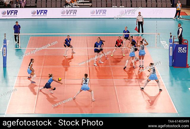 RUSSIA, YEKATERINBURG - AUGUST 27, 2023: A women's volleyball match between VC Derzhava (Russia) and Ural State University of Economics (Russia) during the 2023...