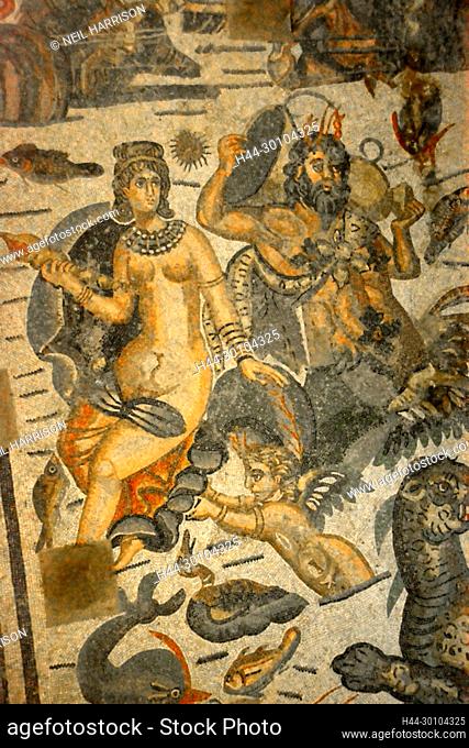 An ancient roman mosaic depicting the Titans Oceanus and his wife and sister Tethys. From the Hall of Arion in the UNESCO listed Ancient Roman mosaics in the...