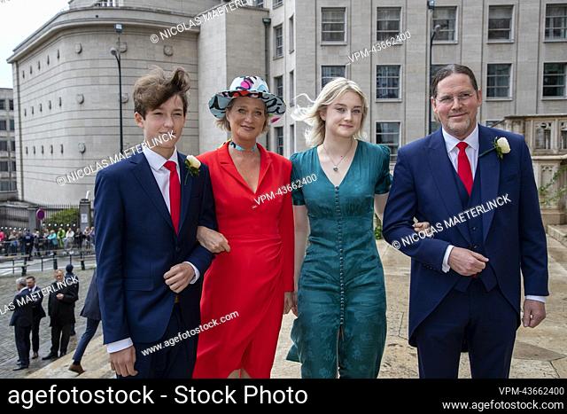 Oscar O'Hare, Princess Delphine, Josephine O'Hare and James O'Hare pictured arriving for the wedding ceremony of Princess Maria-Laura of Belgium and William...