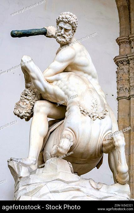 FLORENCE, TUSCANY/ITALY - OCTOBER 19 : Hercules and Nessus statue at Loggia dei Lanzi, Piazza della Signoria, Florence on October 19, 2019
