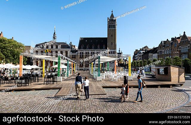 Roeselare, East Flemish Region - Belgium - 07 19 2021 View over the old town city square in summer