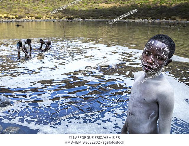 Ethiopia, Oromia, El Sod, Volcano crater where borana tribe men dive to collect salt