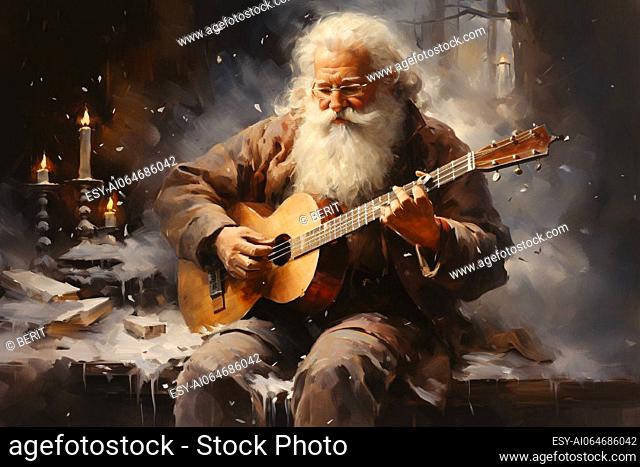 Santa Claus is playing guitar at christmas, winter holiday greeting card, candles burning, generative AI