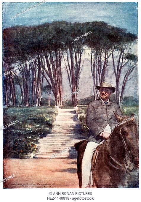 Cecil Rhodes, English-born South African entrepreneur and statesman, c1900. Portrayed in this painting riding on his estate, Groote Schuur