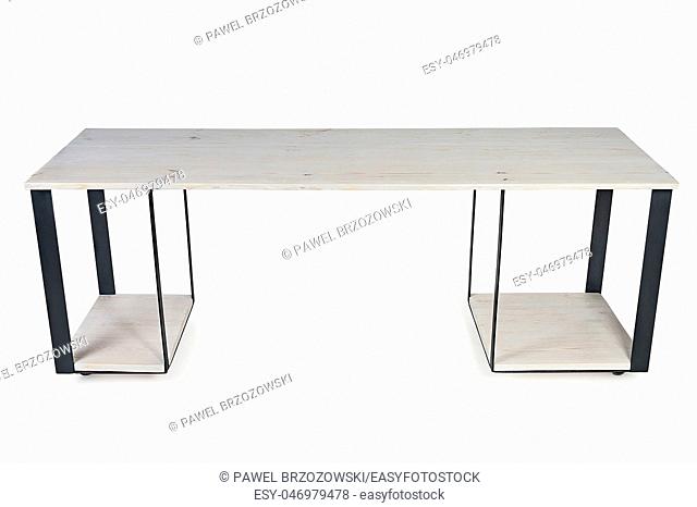 Modern Workspace Table Made of Wood and Metal Isolated on White Background