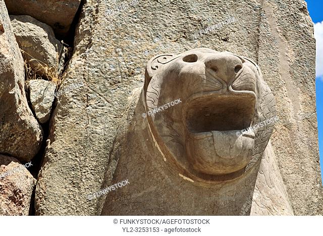 Picture & image of the Hittite lion sculpture of the Lion Gate. Hattusa (also á¸ªattuša or Hattusas) late Anatolian Bronze Age capital of the Hittite Empire