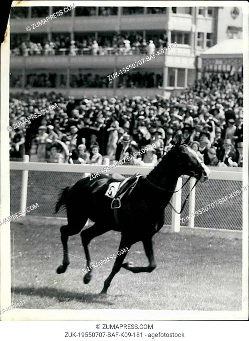 Jul. 07, 1955 - Royal Ascot - second day. D. Smith is unseated by his mount.: The start of the first race at Ascot today - The Jersey Stakes was held up when...