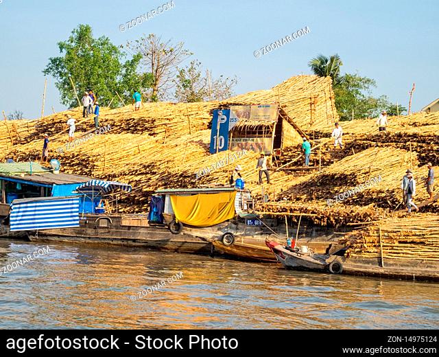 A boat loaded with wood from huge piles of trunks - Can Tho, Vietnam
