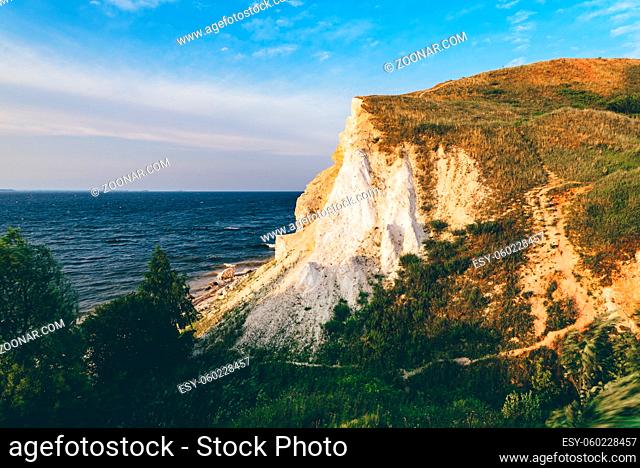 Landscape of a cliff next to the river. Lobach mountain on the Kama rivers estuary