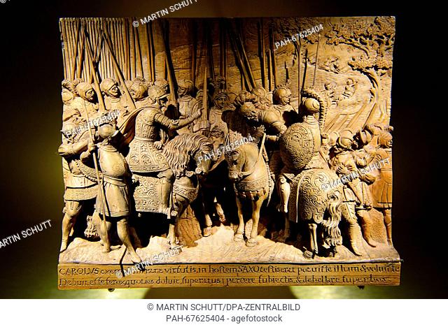 A relief depicting the Battle of Muehlberg in the 16th century is on display in the Thuringian state exhibition 'The Ernestines - A Dynasty Shapes Europe' at...