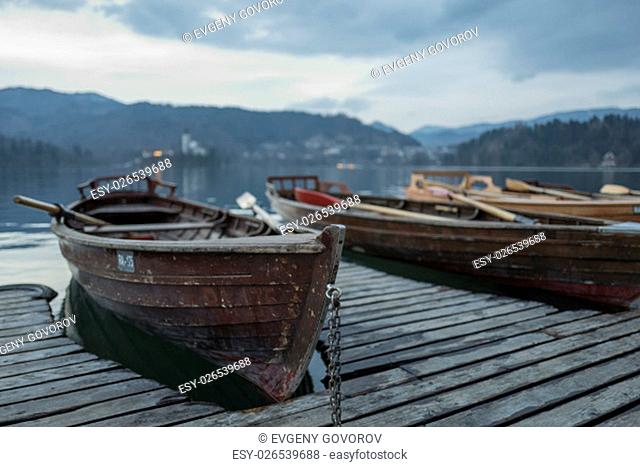 Boats on the pier. Lake Bled. Slovenia