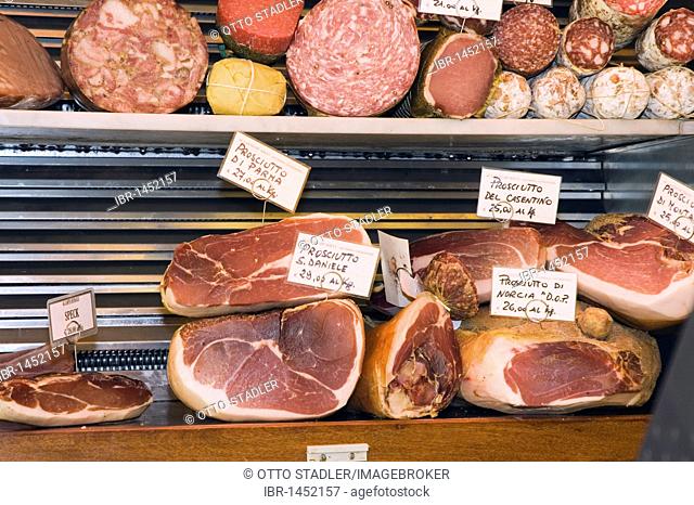 Sausage and ham in the deli, Arezzo, Tuscany, Italy, Europe