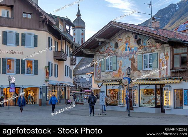 Ornate architecture and Parish Church of St. Martin, Garmisch-Partenkirchen, Bavaria, Germany, Europe