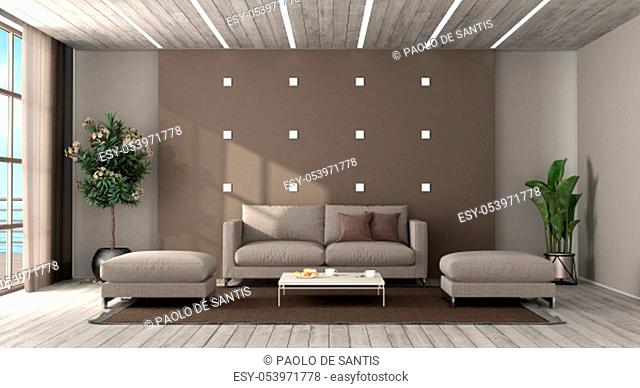 Living room with modern furniture and led light on wooden ceiling - 3d rendering